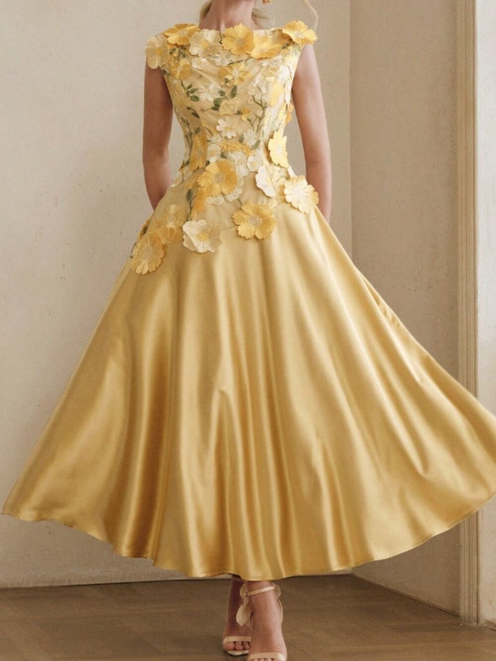 Yellow Elegant Women's A-Line Dress With 3d Floral